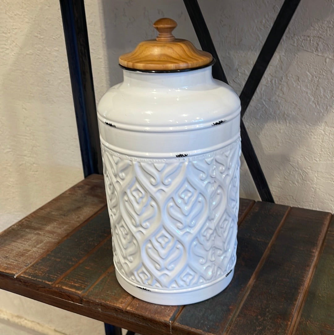 White tin jar with wooden lid